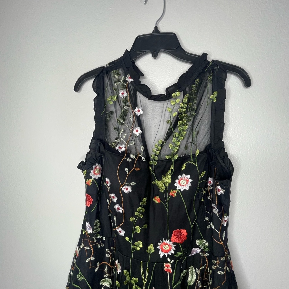 City Studio Macys Black Lace Floral 50s style sleeveless Ruffles Dress Large - Picture 2 of 9